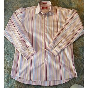 Report Collection Men’s Medium Multicolor Striped Button-Down Shirt